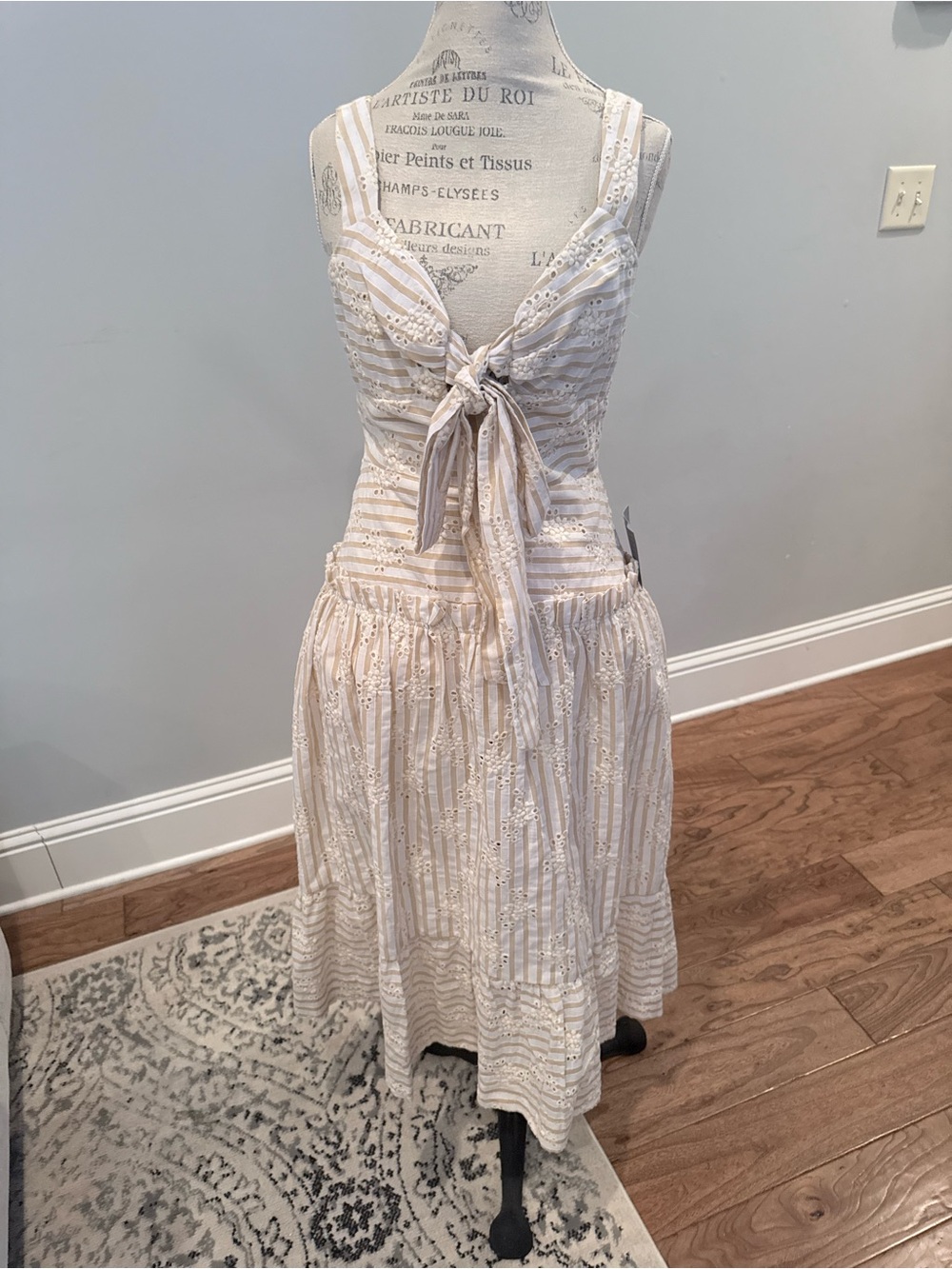 En Saison Cream and White Striped Eyelet Tie-Front Midi Dress